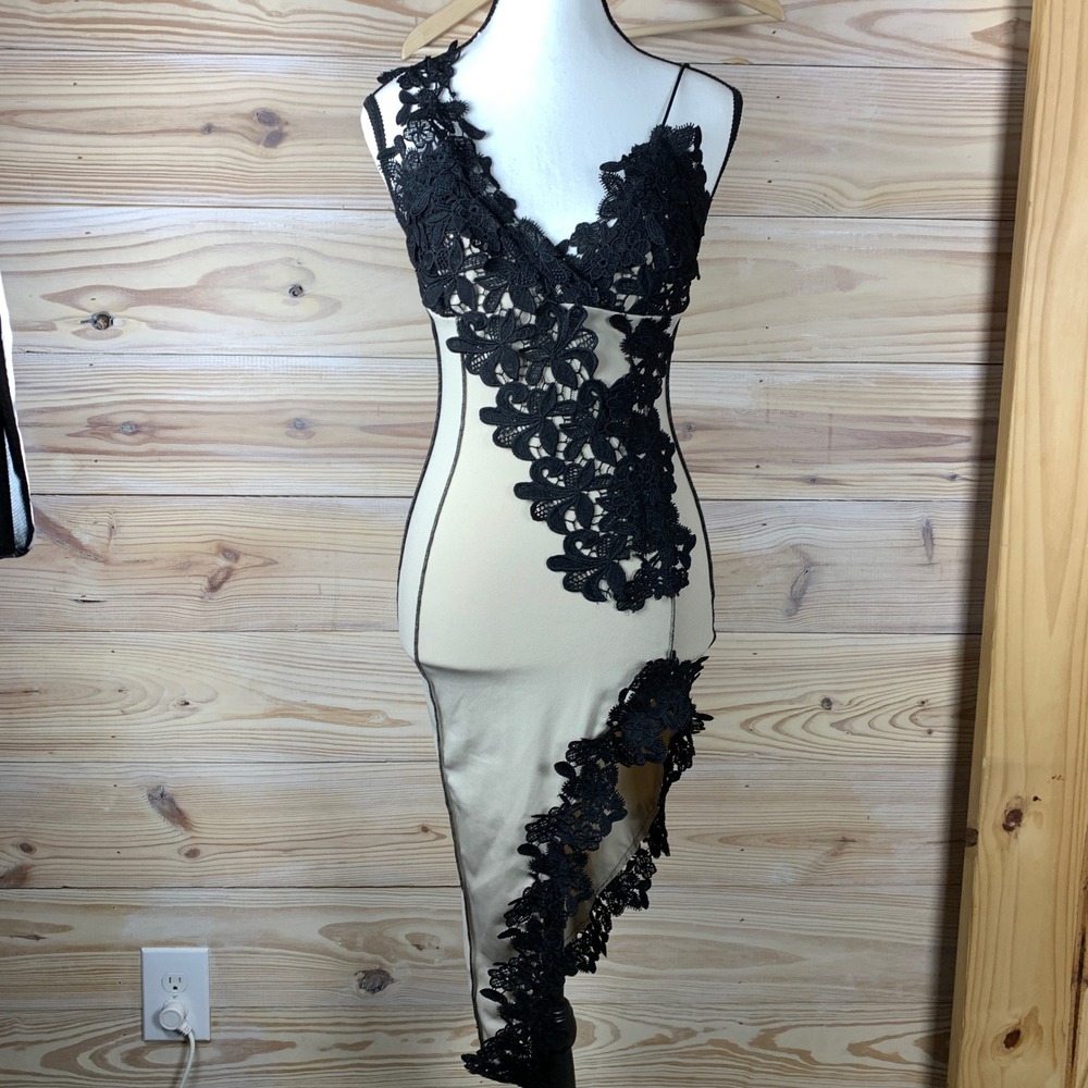 Whimsigoth Lace Applique Bodycon Dress Womens Small Tan Black Cocktail